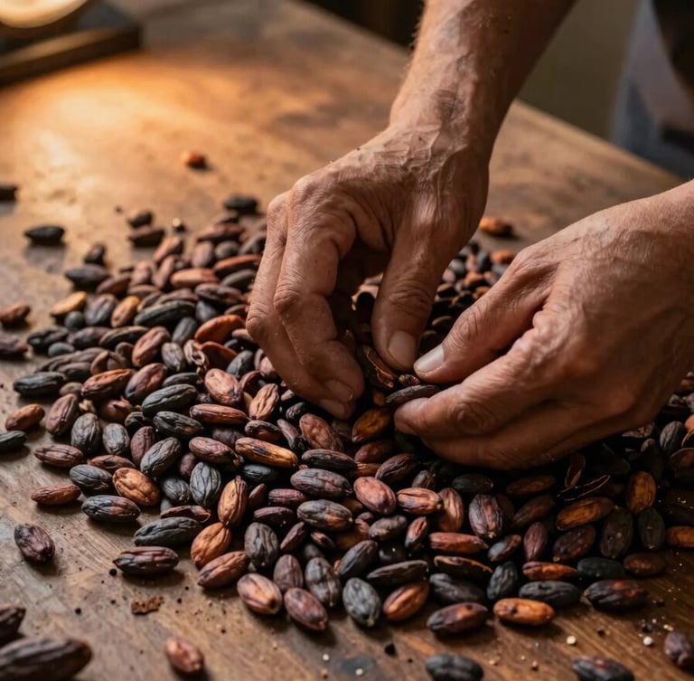 Close-up overhead documentary shot of dried cacao beans being hand-sorted on a wooden sorting table, worker's hands visible selecting and discarding beans, warm tungsten workshop light from the left, shallow depth of field on the bean mass, dark earth tones throughout