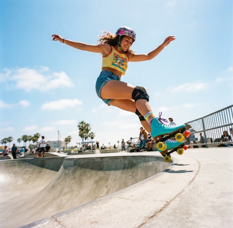 Low-angle dynamic shot of a quad skater launching off a concrete ramp under bright midday sun, colorful skates, vibrant action, 35mm film.