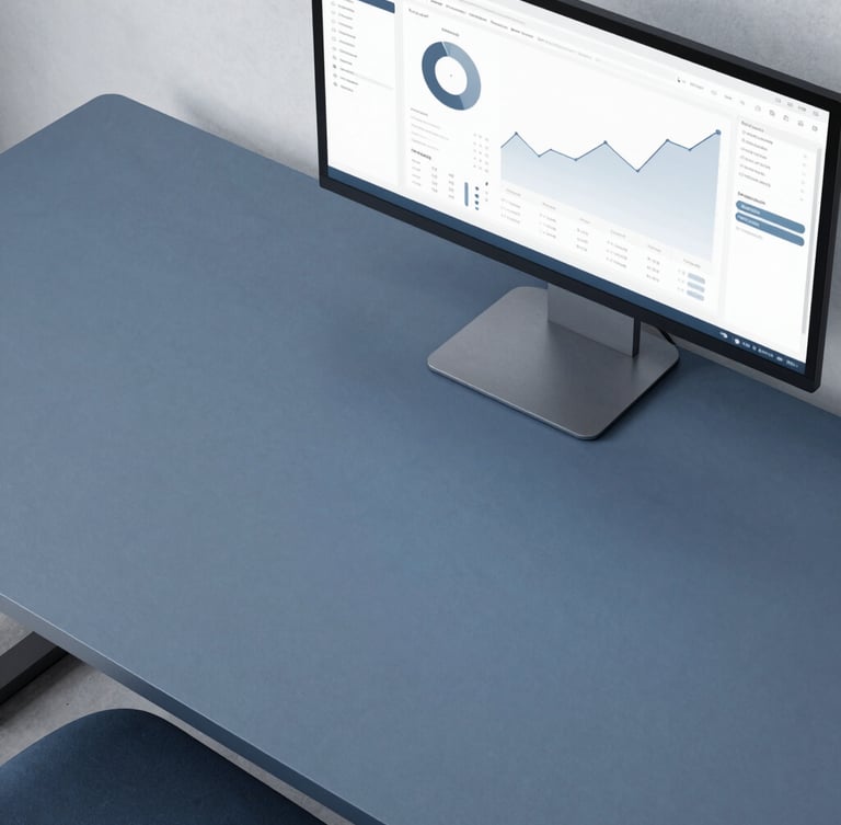 Overhead flat-lay of a structured minimalist desk with a screen displaying clean, high-contrast data charts, soft overcast daylight, slate blue tones.