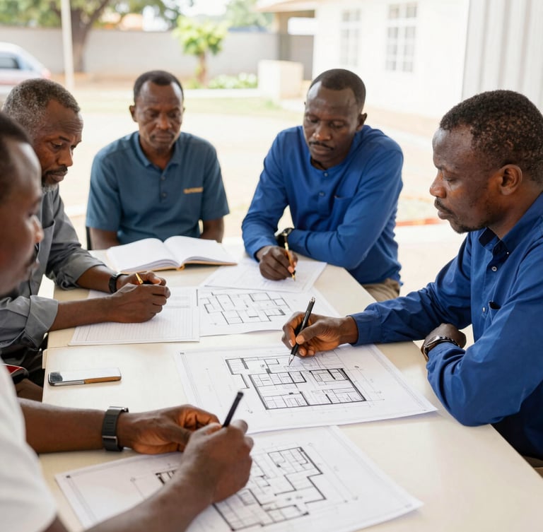 An active collaborative workshop in Bouaké, local African and American leaders speaking over a table with architectural blueprints, bright natural daylight, 35mm.