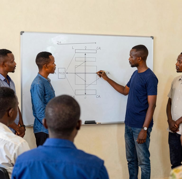A collaborative workshop in Bouaké, civic leaders analyzing a structural diagram on a whiteboard, bright natural daylight, 35mm editorial style.