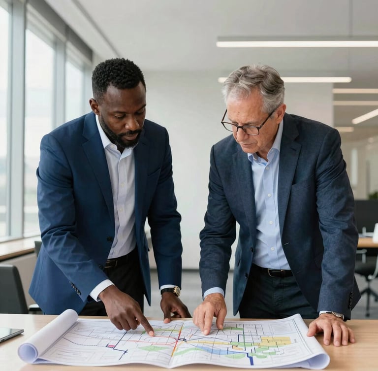 Environmental portrait of two civic leaders, one African and one American, discussing a blueprint map on a table, bright natural daylight, modern office setting with architectural details, 35mm