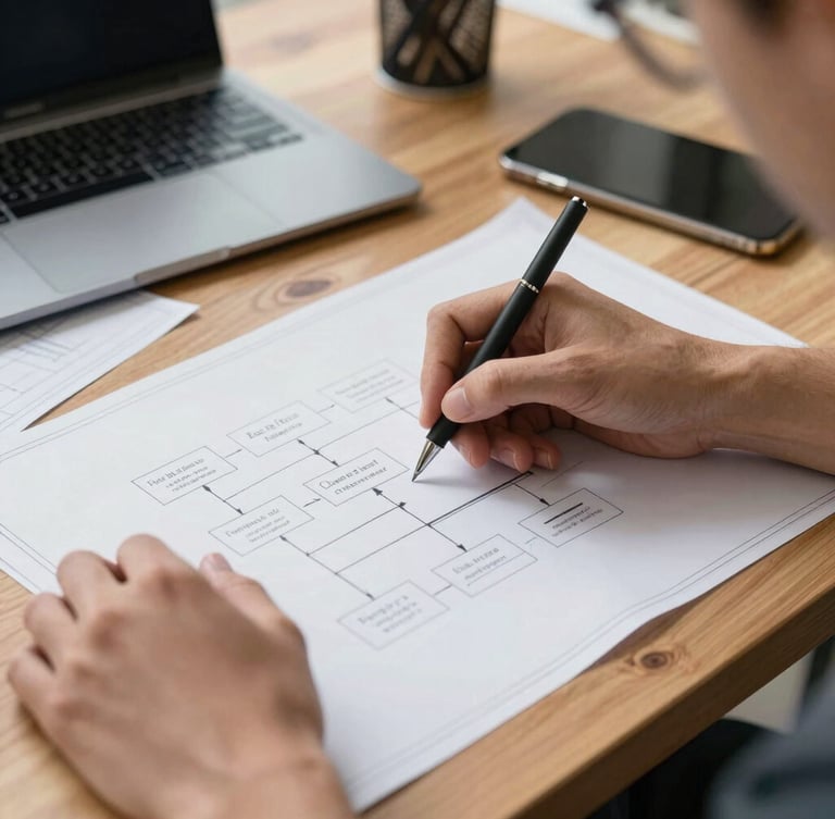 Hands sketching a system flow diagram on a wooden table, blueprints and modern tech devices visible, natural daylight, sharp focus