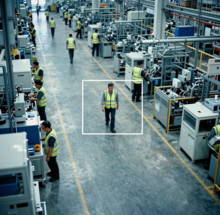 High-angle CCTV perspective of a busy industrial plant floor with workers in high-visibility vests, cool blue tones, digital bounding boxes overlaid, 35mm film style
