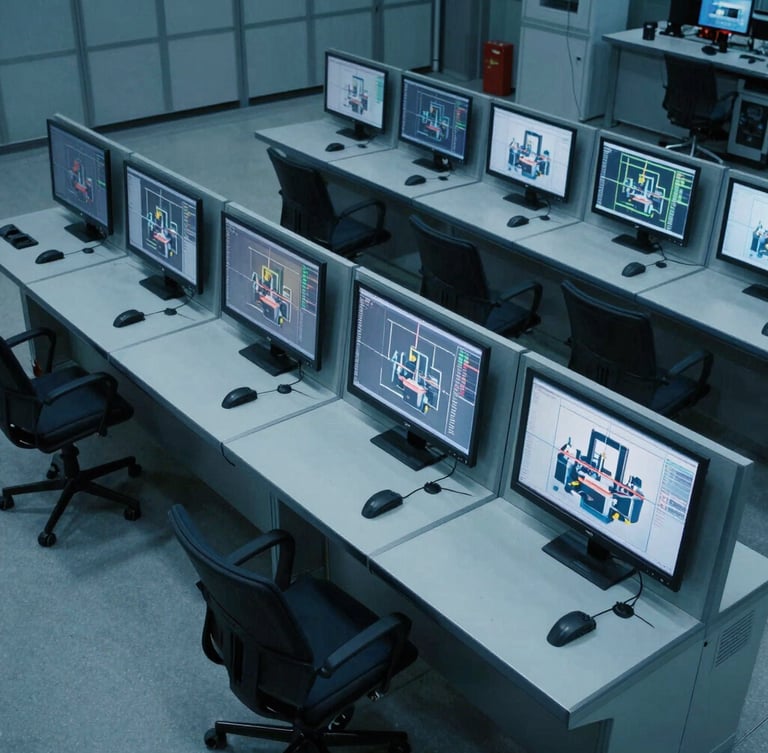 High-angle CCTV perspective of a modern industrial control room with monitors displaying real-time bounding boxes around machinery, cool blue tones, sharp focus, 35mm