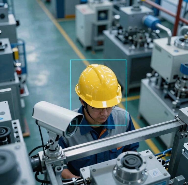 High-angle security camera perspective of a manufacturing plant floor, sharp focus, cool blue tone, a worker wearing a yellow safety helmet highlighted by a sharp cyan digital bounding box overlay, industrial 35mm.