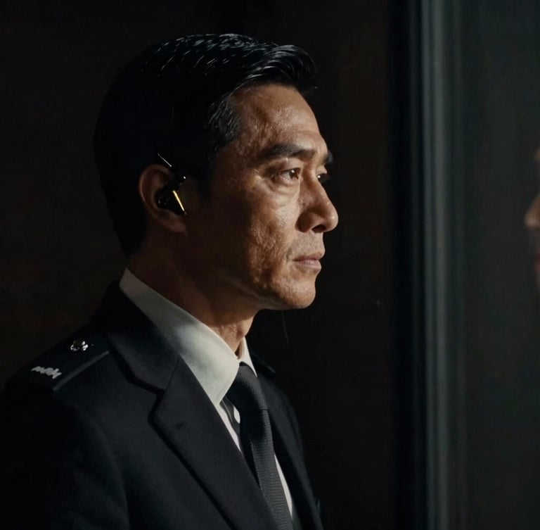 Cinematic close-up of a sharp-suited executive protection agent looking out a dark window, subtle golden light highlighting his earpiece, deep shadows, 35mm film look