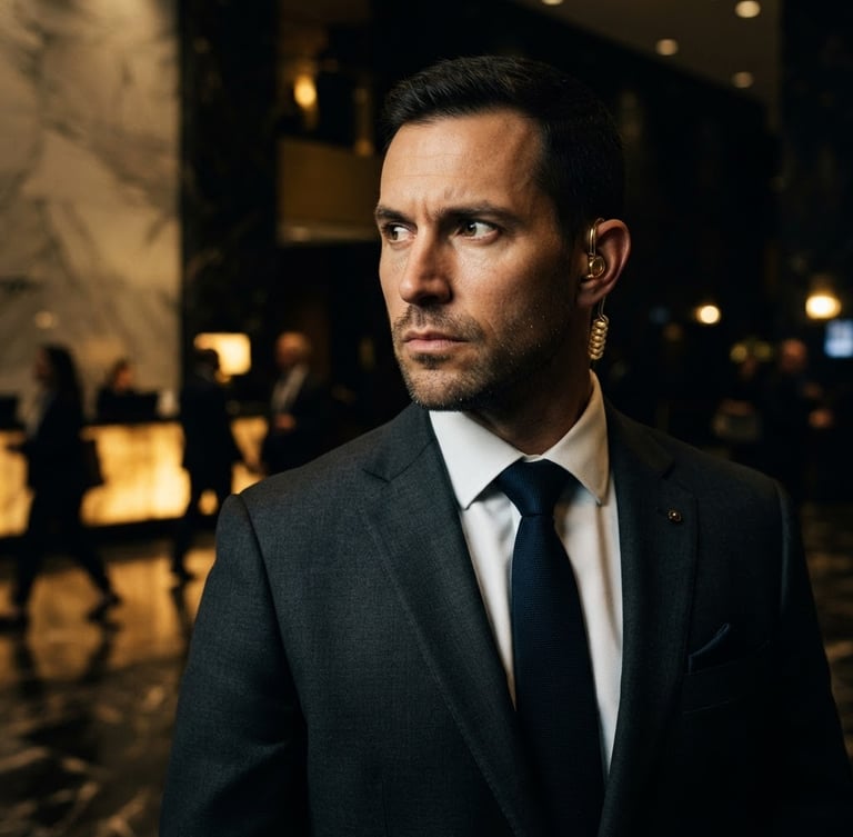 Close-up of a sharp-suited executive protection agent with a subtle golden earpiece, looking vigilant in a dark, high-end corporate lobby, cinematic lighting, 35mm film look.