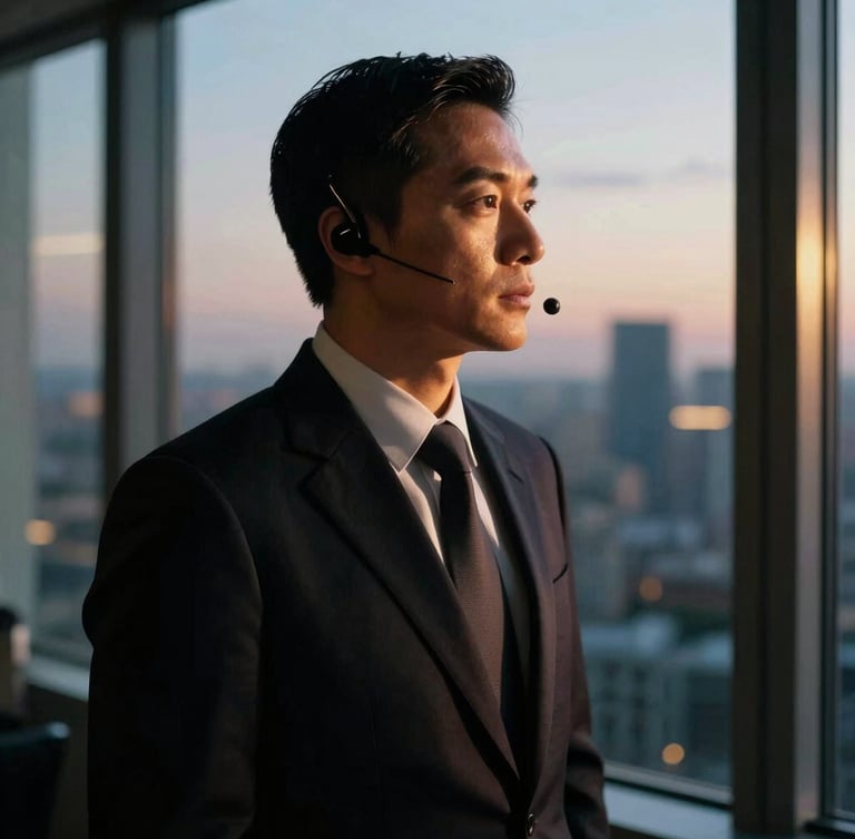 Cinematic portrait of an executive protection specialist in a tailored dark suit, wearing a low-profile earpiece, looking out a high-rise window overlooking a blurred city skyline at dusk, dramatic golden highlight on his shoulder, 35mm film look.