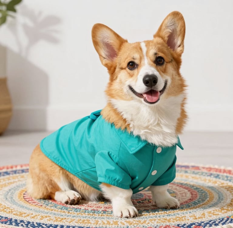 Joyful Pembroke Welsh Corgi sitting proudly on a colorful woven rug, wearing a custom-tailored vibrant teal shirt, bright natural morning light, shallow depth of field