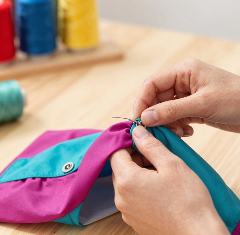 Close-up of hands sewing colorful pet clothing with bright magenta and teal fabrics in a warm workshop, soft daylight, 50mm lens