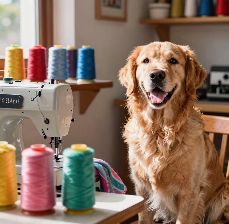 A cozy family workshop in Celaya with spools of colorful thread, a vintage sewing machine, and a happy golden retriever sitting nearby, warm sun rays, 50mm lens