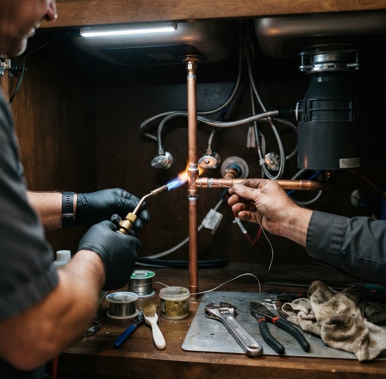 Professional plumber hands repairing a copper pipe under a kitchen sink, bright clean indoor lighting, sharp focus on tools, high contrast, 35mm