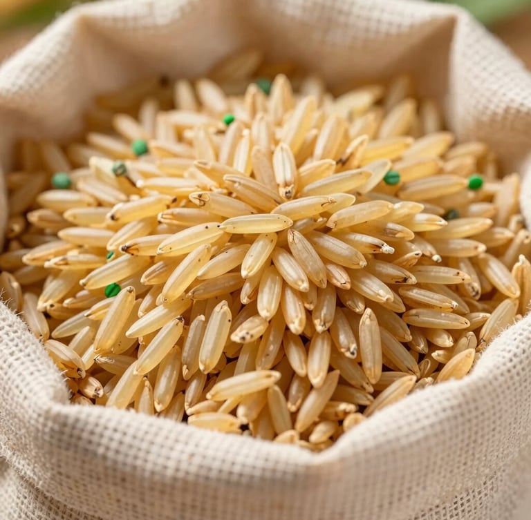 Bright natural daylight macro shot of golden basmati rice grains overflowing from a canvas sack, warm editorial photography, 35mm