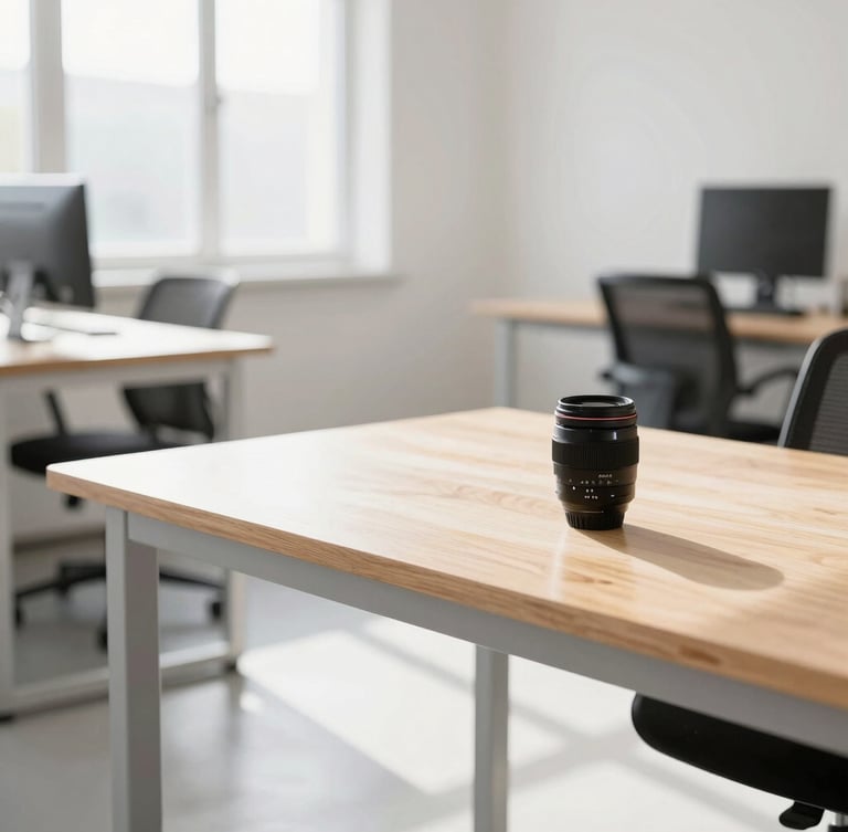Bright modern open-plan creative studio office environment with clean wooden desks, natural light streaming through large windows, soft shadows, 35mm lens