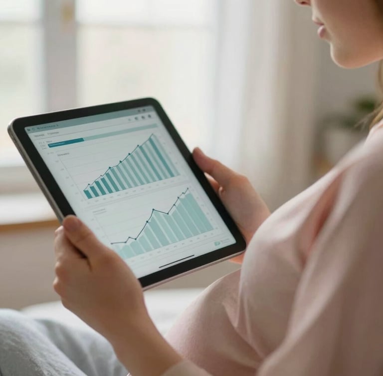 A close-up of an expectant mother's hand holding a tablet displaying clinical graphs, soft morning window light, shallow depth of field, 35mm