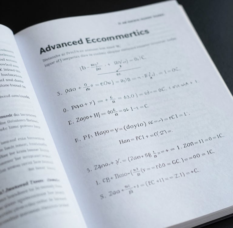 Macro shot of an open advanced econometrics textbook, clean white pages with mathematical formulas and structural equations, cool overcast daylight, sharp focus.