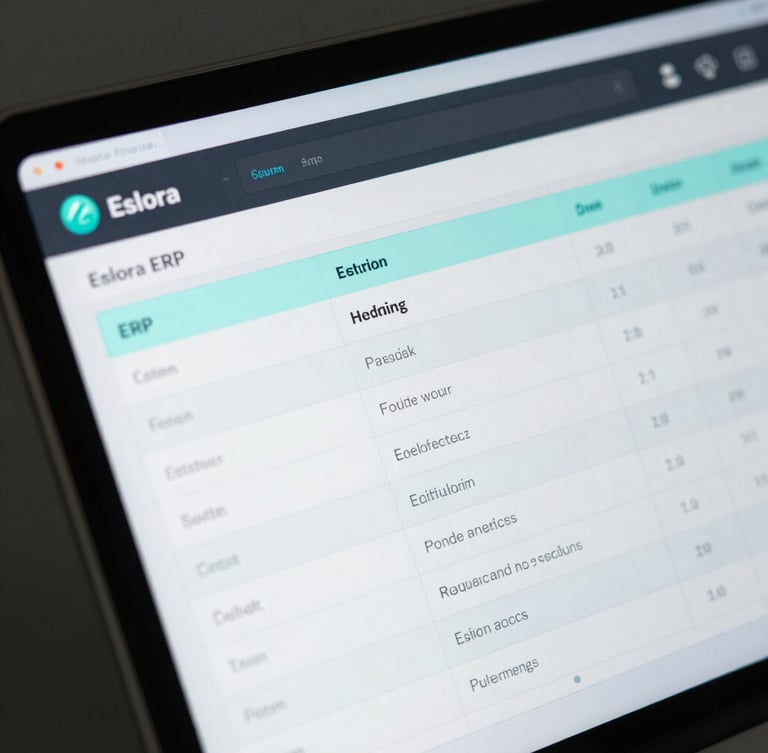 High-fidelity interactive UI mockup of Eslora ERP showing clean data grids, dark mode, sharp cyan rim lighting, close-up details