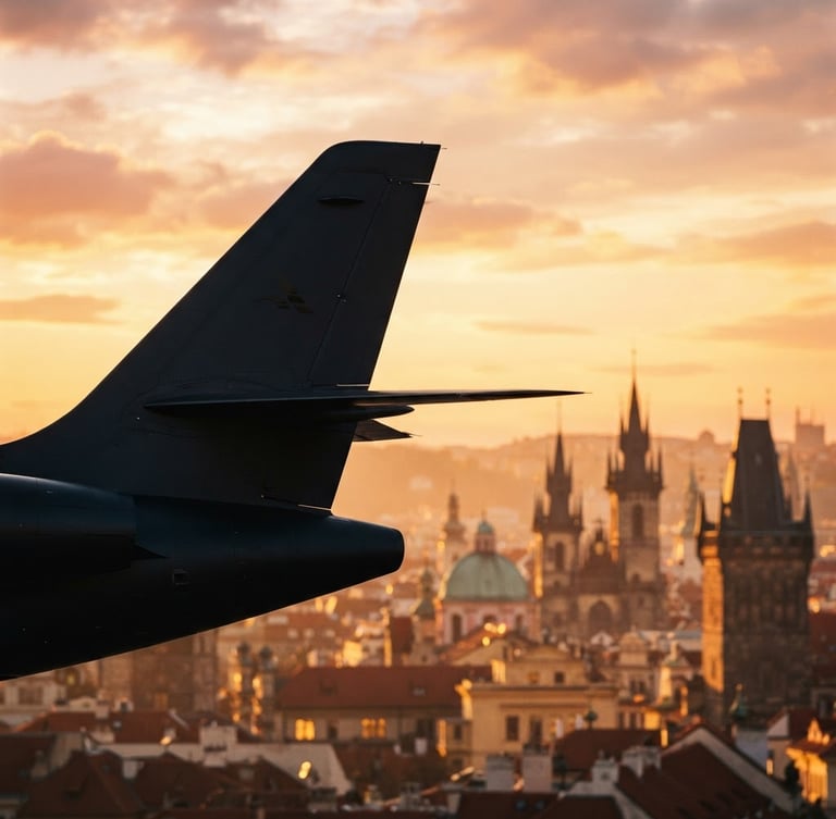 Sleek modern aircraft tail silhouette against a warm golden hour sky over historic European spire architecture, cinematic lighting, shallow depth of field, 35mm