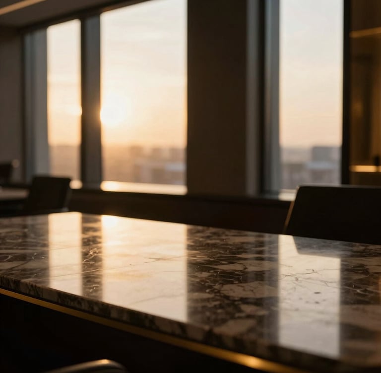 Warm golden-hour window light reflecting on a polished marble desk in a luxury executive lounge, shallow depth of field, 35mm