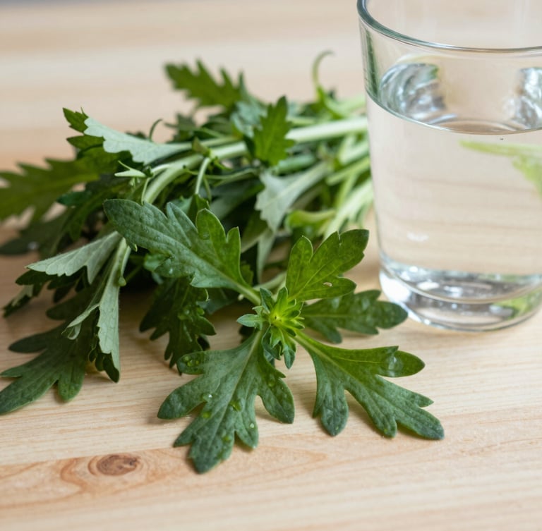 Close-up of fresh organic ingredients, soft natural lighting, a glass of water and fresh herbs on a clean wooden surface.