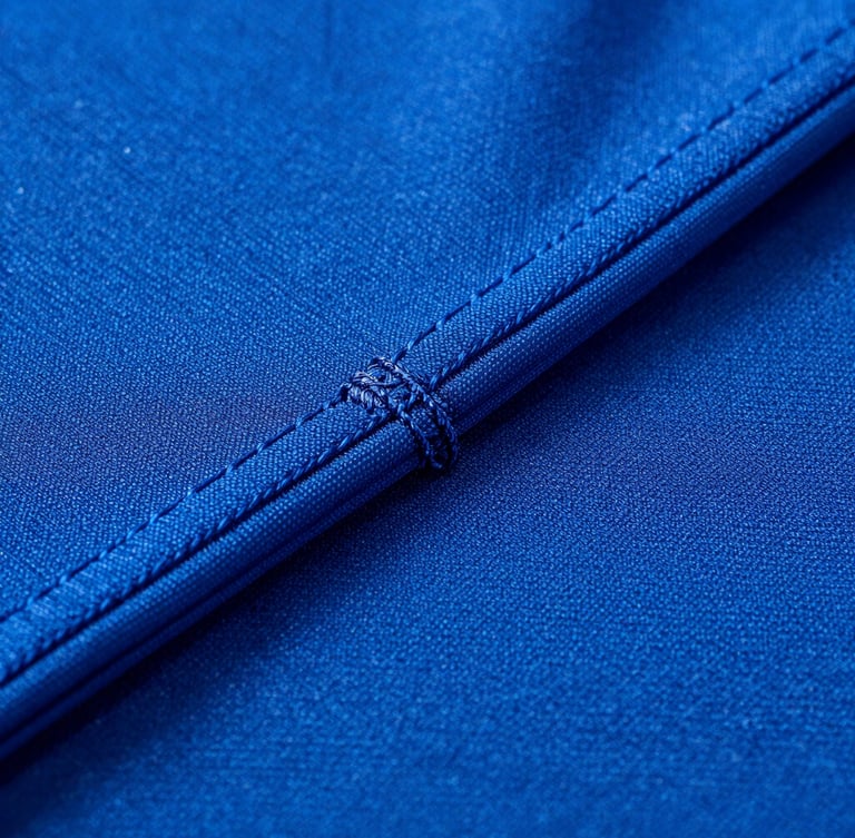 Macro close-up of high-contrast electric blue sportswear fabric, showcasing detailed flatlock stitching precision under dramatic studio lighting.
