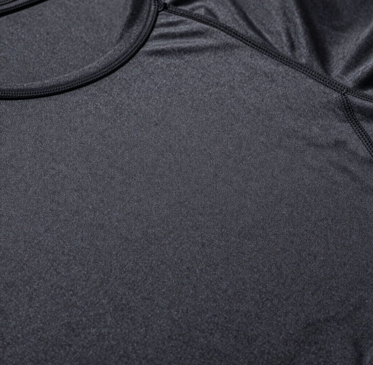 Macro overhead studio shot, high-contrast crisp lighting, technical flat-lay of a charcoal athletic compression shirt showing precise flatlock stitching details, cool undertones, negative space.