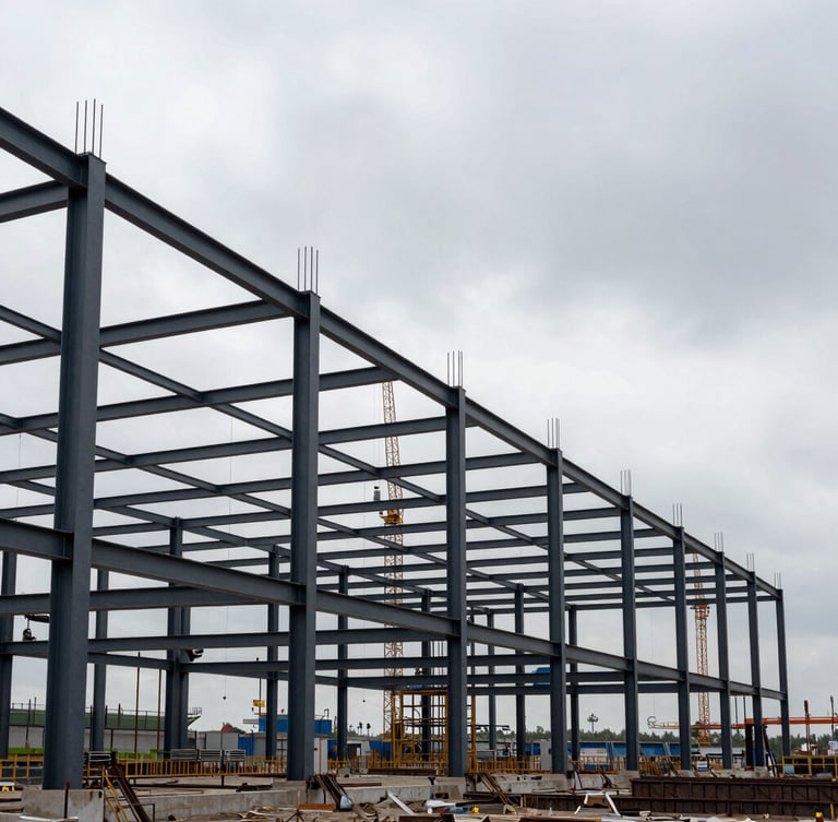 Wide environmental shot of a massive structural steel framing project under an overcast, high-contrast sky, raw industrial site with crane silhouette in background