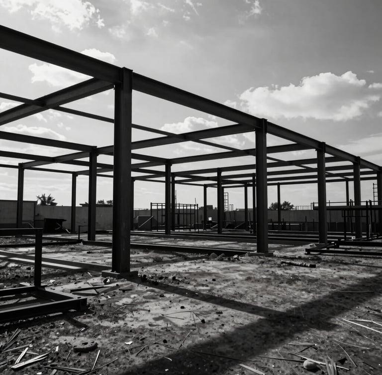 Stark, high-contrast wide shot of structural steel framing under overcast daylight, dramatic industrial shadows, raw field work atmosphere.