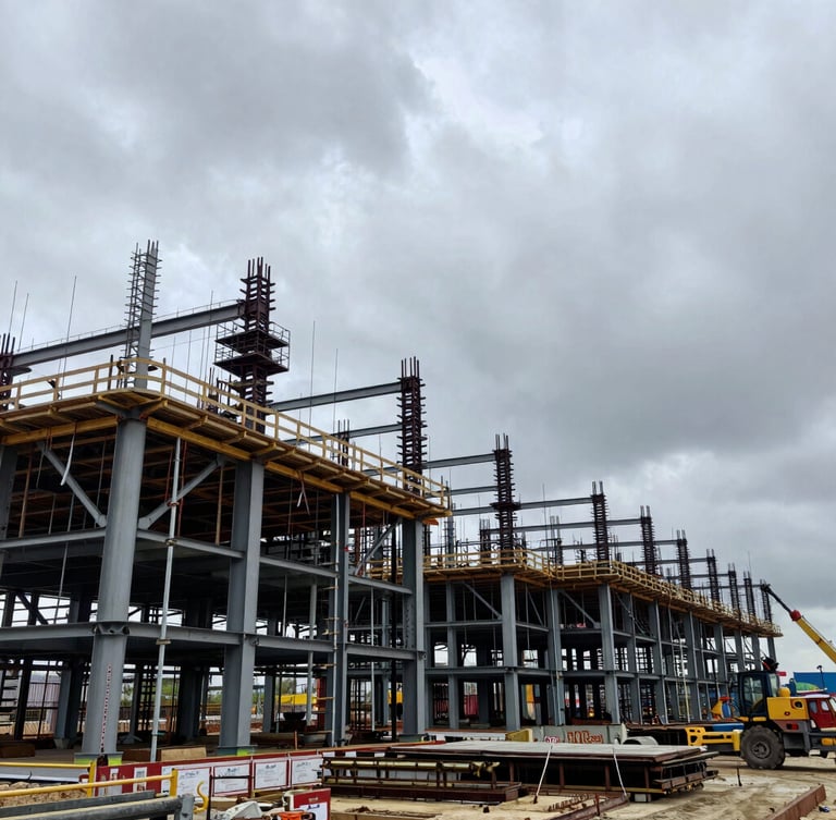 Wide environmental shot of an active industrial construction site with structural steel framing under an overcast gray sky, high contrast.