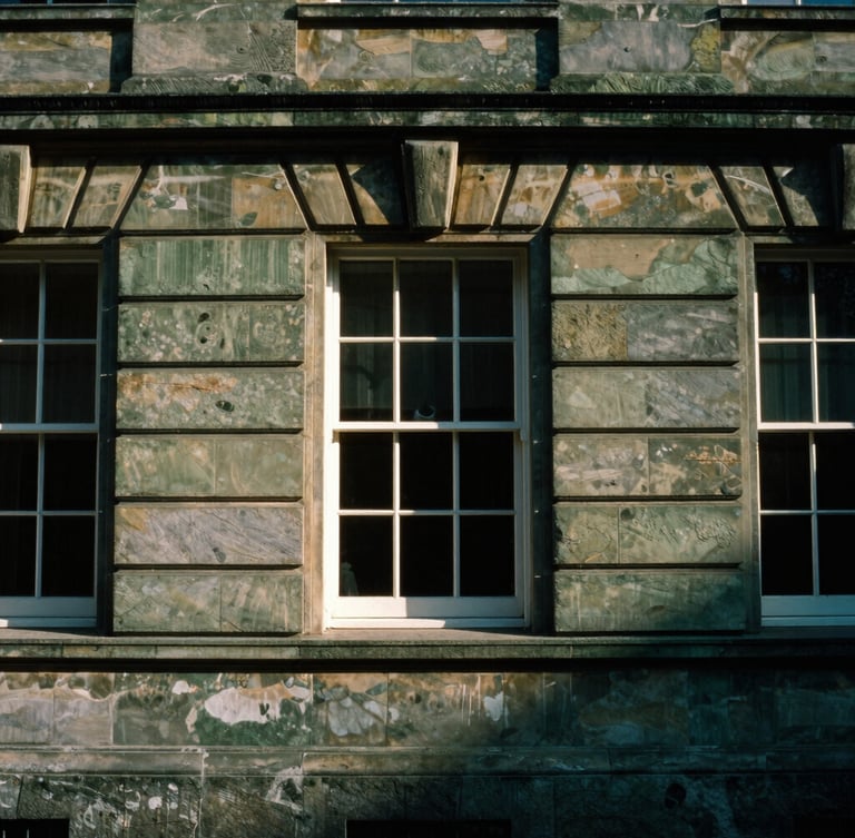 Architectural details of historic stone facade, soft directional window light, high-contrast chiaroscuro, 35mm film