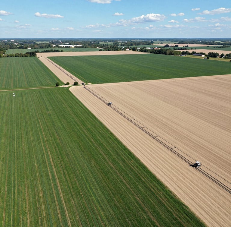 High-altitude drone photograph of active New Jersey farmland with structured irrigation channels, crisp daylight, wide-angle lens