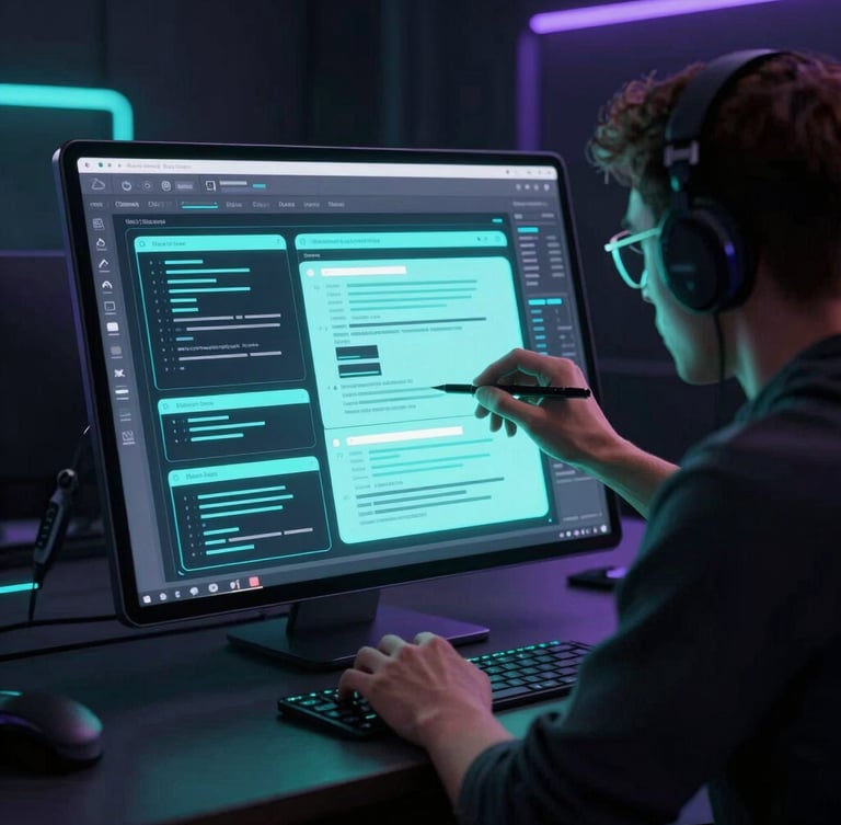 Over-the-shoulder perspective of two developers collaborating intensely over wireframes displayed on a large tablet, moody studio lighting, neon cyan glow reflecting off the screen.