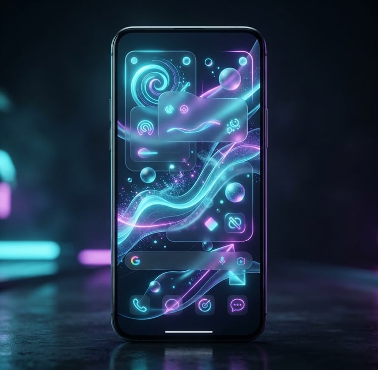 Close-up macro shot of a high-end Android device displaying a fluid, glassmorphic UI animation in neon cyan and electric violet, moody studio lighting, sharp reflections.