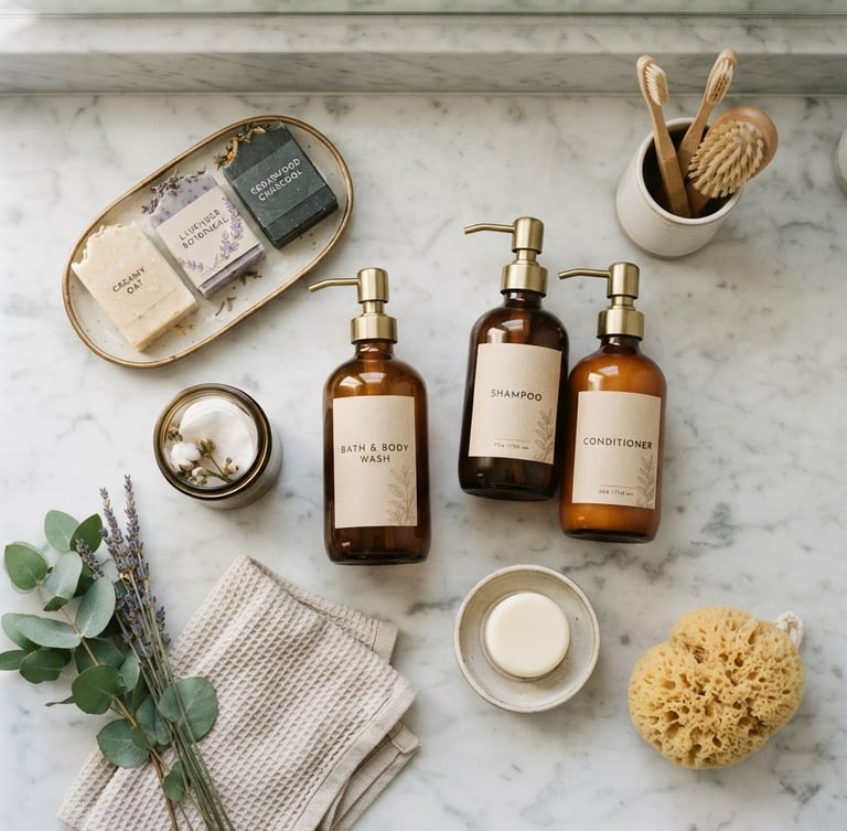Elegant top-down flat lay of custom hotel toiletries, organic soap bars, and luxury packaging on a light marble counter, soft morning light, warm brass accents, 35mm