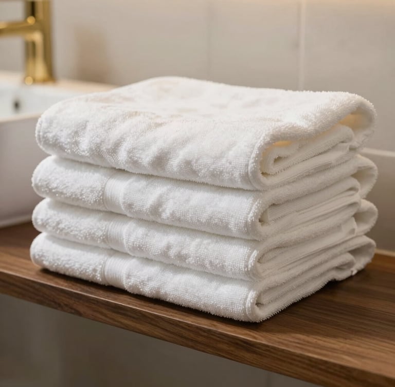 Neatly folded high-quality white towels stacked on a dark wooden shelf in a bright, modern hotel bathroom, warm natural sunlight, 35mm