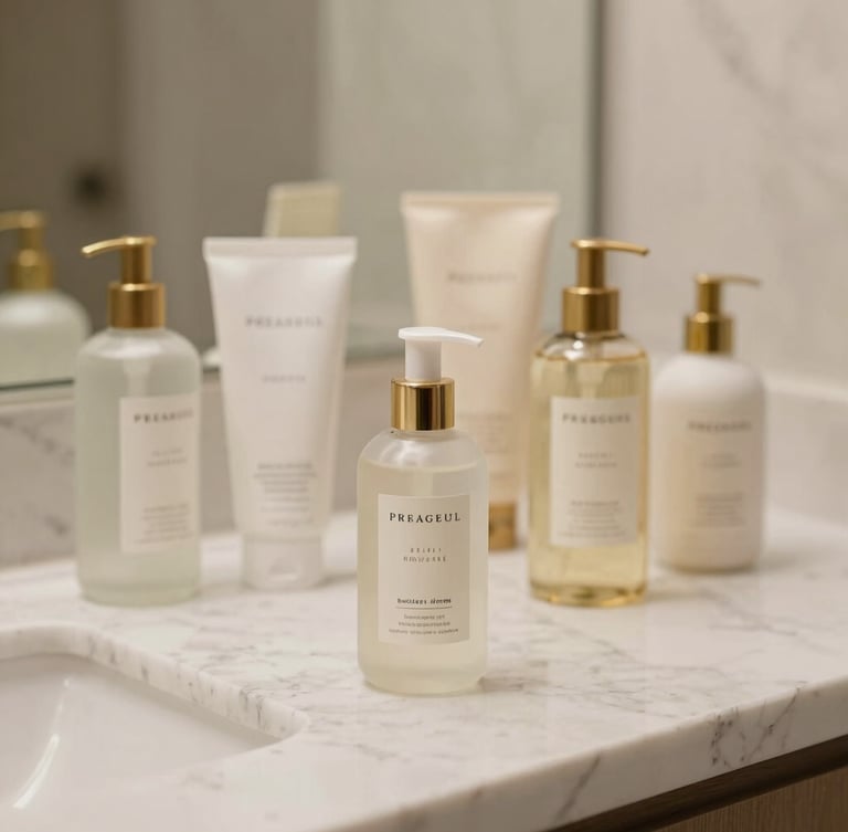 Neatly arranged premium hotel toiletries on a clean marble countertop, soft warm daylight, elegant packaging, shallow depth of field