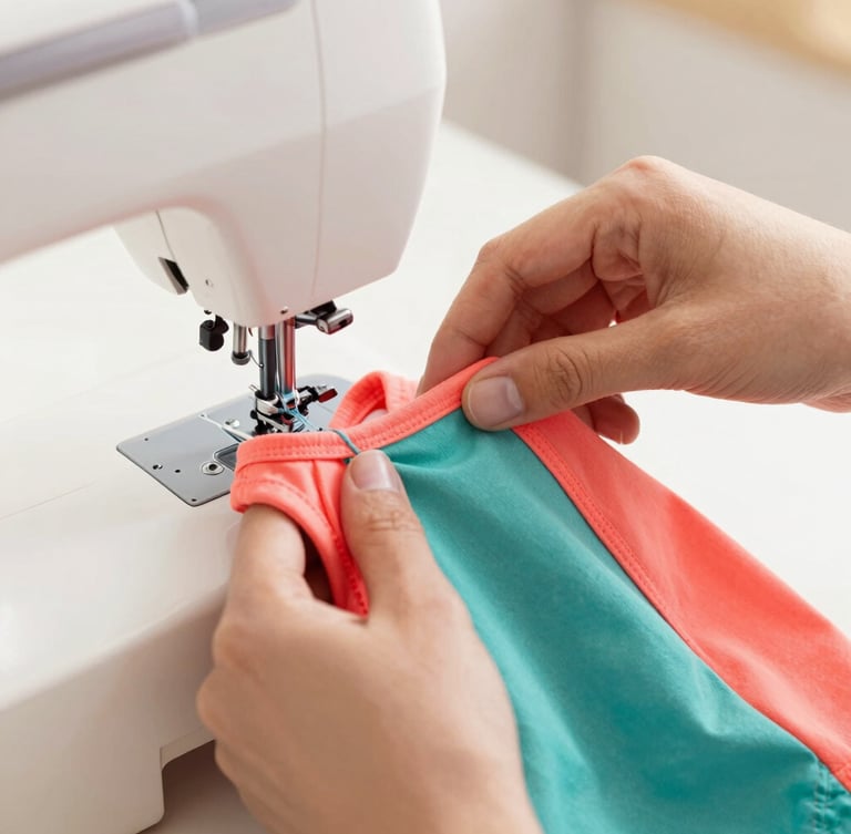 Close-up of hands carefully stitching a colorful coral and teal pet shirt with a sewing machine, warm daylight, soft focus, high-key pet boutique aesthetic.