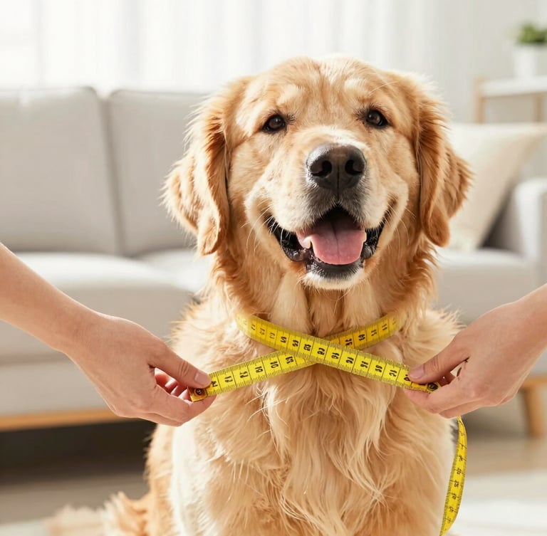 Hands gently measuring a happy golden retriever with a yellow tape measure in a bright, sunlit living room, warm high-key pet photography, 50mm lens