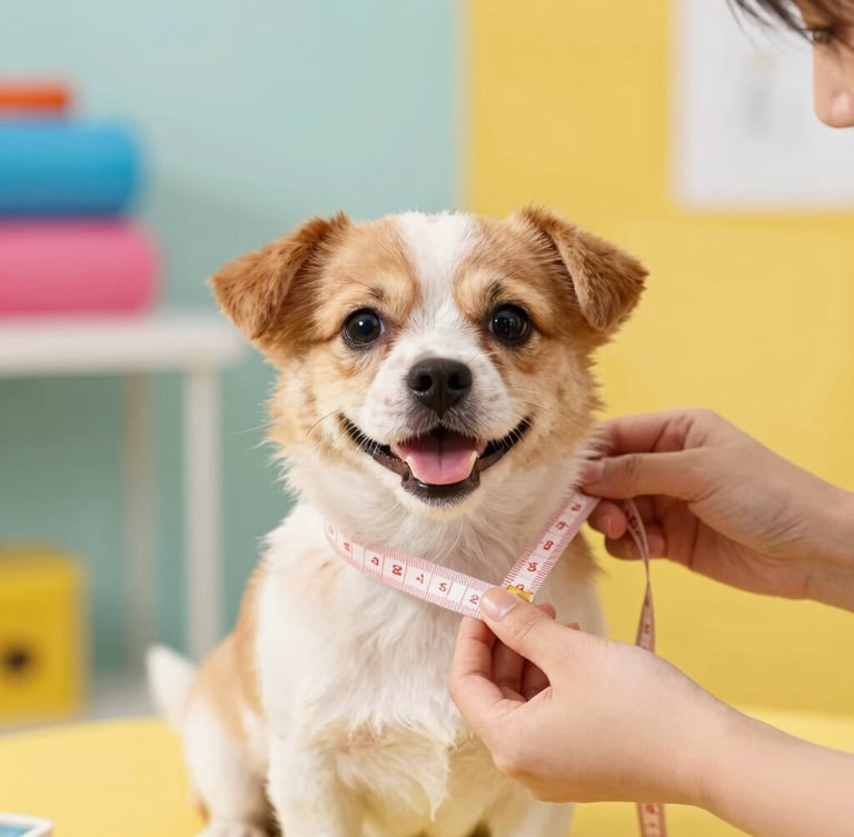Hands of a designer carefully measuring a happy small dog with a soft tape measure in a bright, colorful workshop, warm daylight, close-up shot