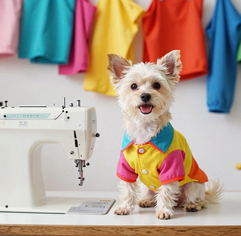 A happy small dog wearing a vibrant custom shirt sitting next to a vintage sewing machine in a bright sunlit workshop, colorful fabrics in the background.