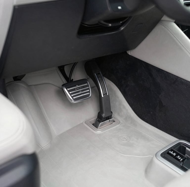 Close-up of clean car footwell and pedals, professional automotive photography, bright overcast daylight, sharp focus on metal textures, 50mm lens