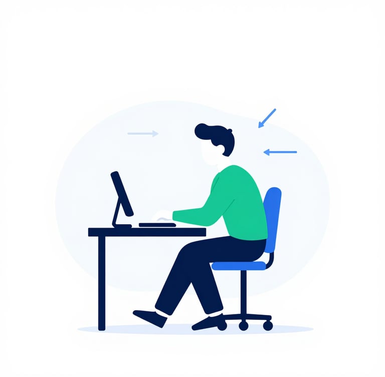 Minimalist vector illustration of a person at a desk, with subtle arrows showing micro-movements and dynamic sitting postures. Clean lines, emerald and sky blue highlights, white background.