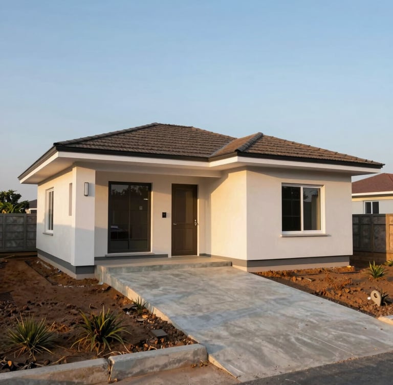 A wide environmental shot of a newly constructed accessible home in Nigeria, built with a concrete entry ramp, clean modern lines, bathed in warm golden-hour sunlight.
