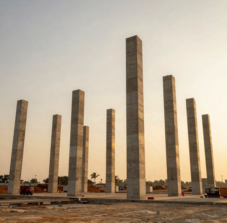 Wide environmental shot of a major Nigerian infrastructure project at golden hour, concrete pillars rising against an expansive warm sky, clean framing.