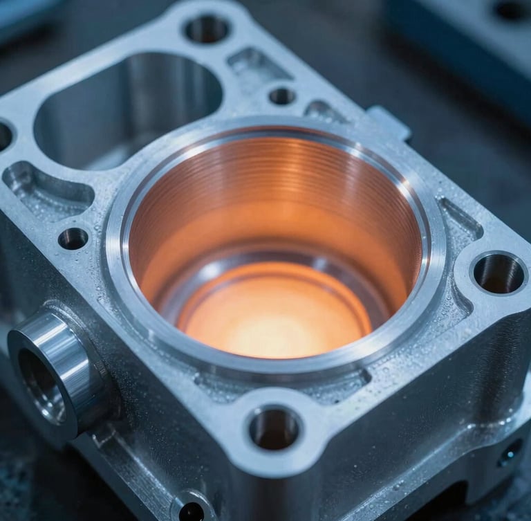 Close-up macro of a high-precision aluminum pump housing casting, showing sharp machined tolerances and clean sand-cast edges, cool blue industrial lighting with subtle warm furnace glow, 35mm