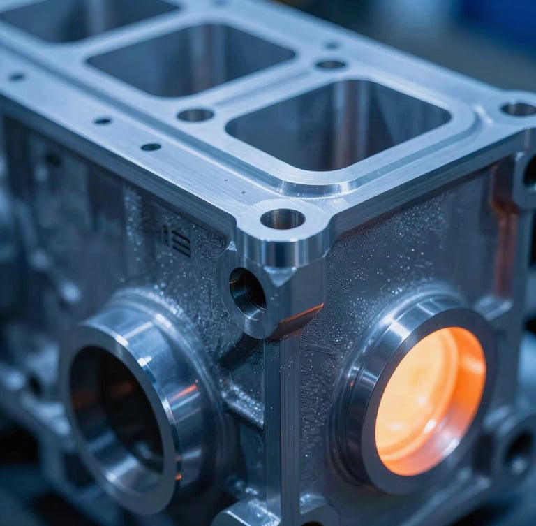 Close-up macro shot of a raw aluminum automotive engine housing showing precise clean edges and fine metal textures under cool blue ambient factory light, 35mm.