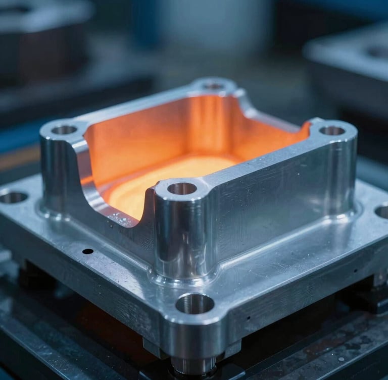Macro photograph of a clean-edged aluminum electrical housing casting, technical details visible, cool blue ambient factory light with sharp industrial focus, 35mm