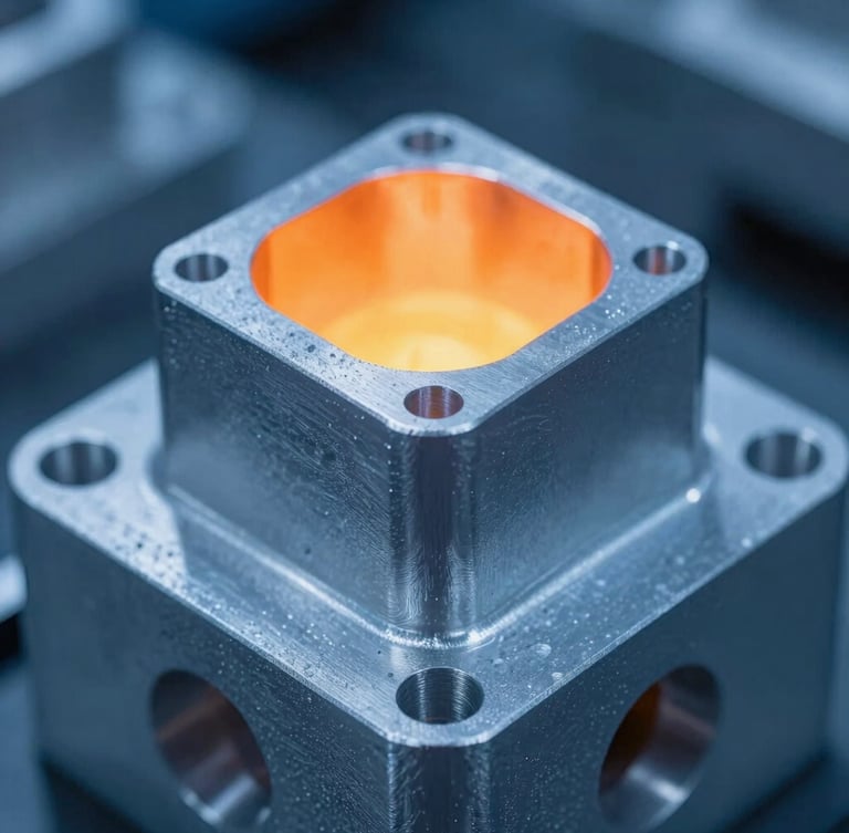 Close-up macro shot of a finished high-precision aluminum casting with clean edges and tight tolerances, cool blue ambient factory lighting, 35mm.