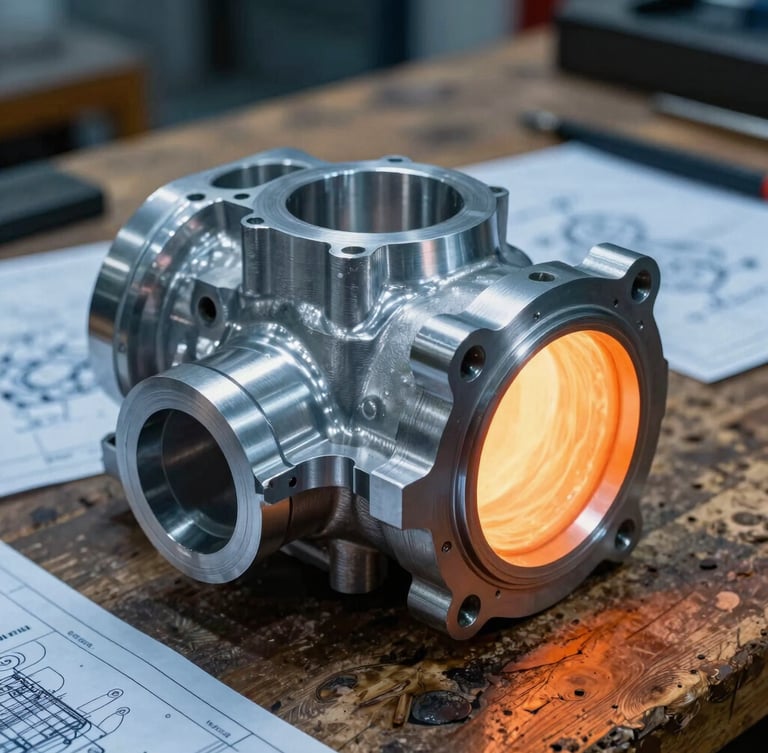 A sharp macro 35mm photograph of a finished raw aluminum gearbox casting, clean high-tolerance edges, resting on a rustic wooden workbench with industrial blueprint details.